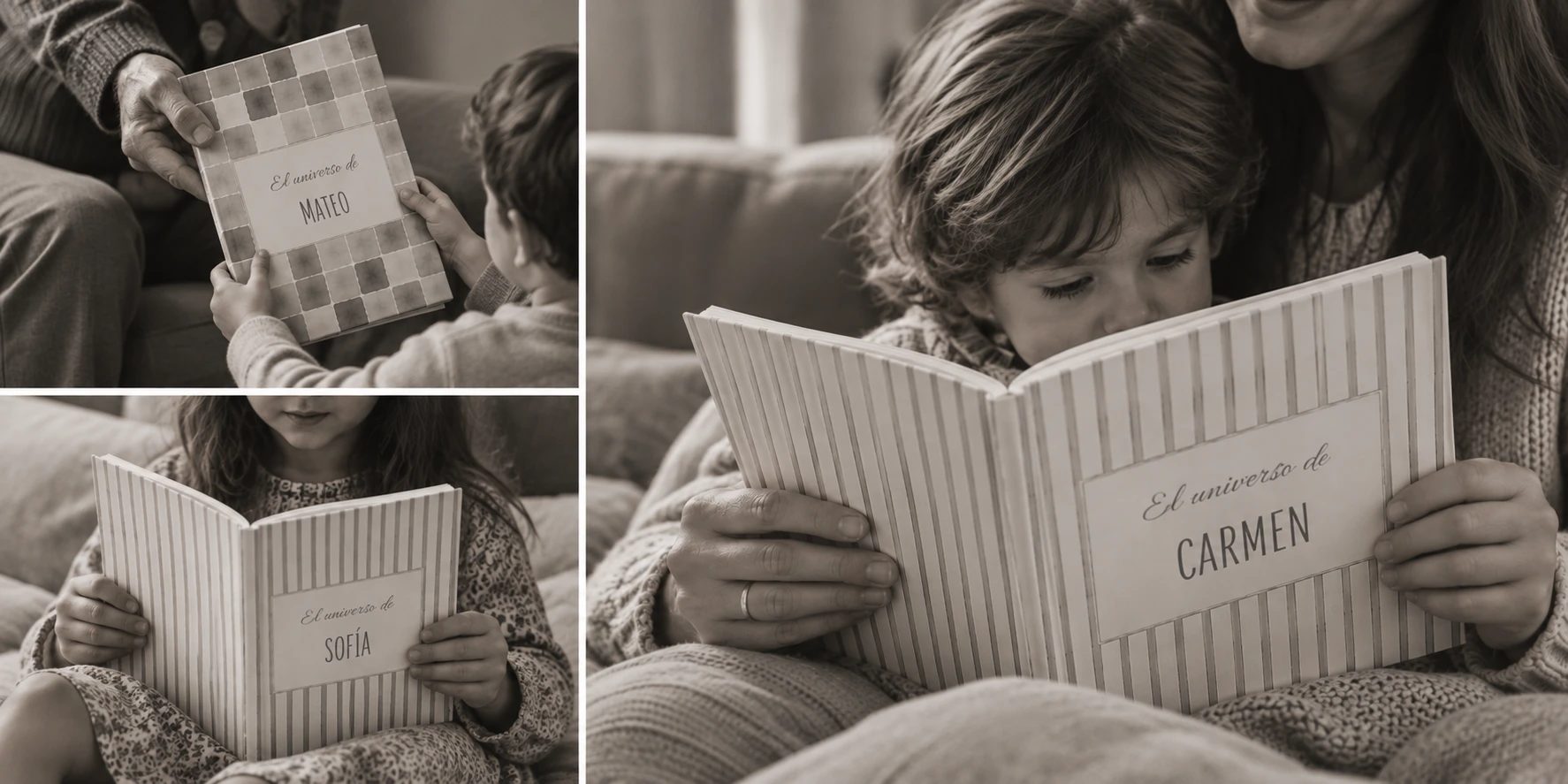 Una niña y un niño leyendo sus libros «El universo de Sofía» y «El universo de Carmen», y un abuelo regalando «El universo de Mateo»